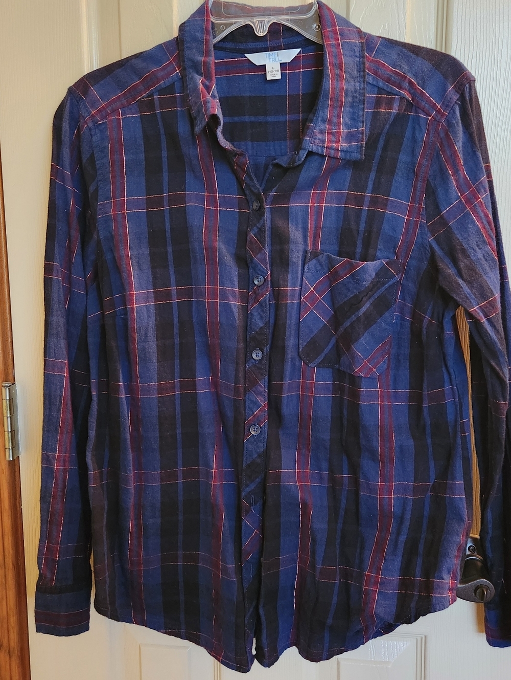 Time and Tru Navy and Red Plaid Button-Down Shirt